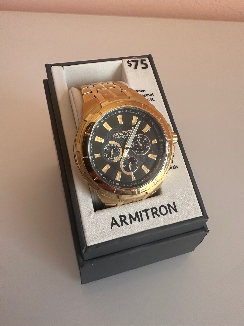 Armitron Chronograph with Gold Bracelet and Black Dial NIB NWT IOB - Picture 1 of 4